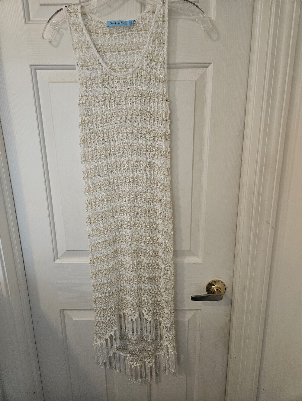 Crochet Fringe Swimcover Up Tank Dress - Cream/gold